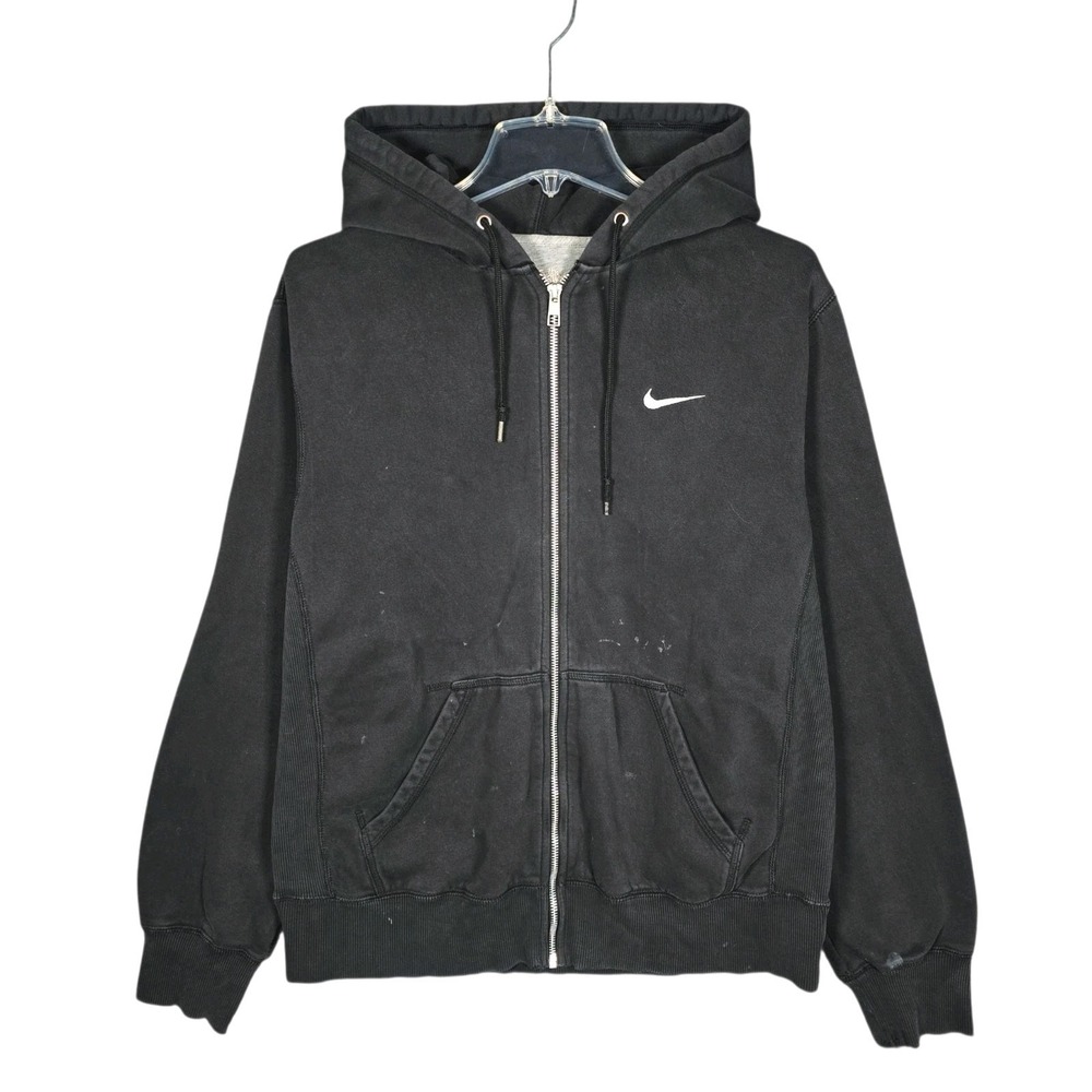 Vintage Y2K Nike Hoodie Mens Large Full Zip Up Black Sweatshirt Distressed Faded